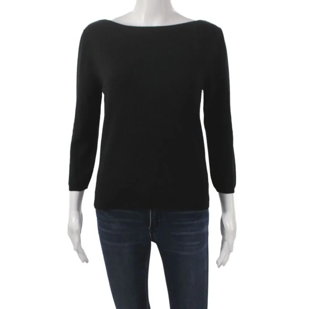 Prada Womens Cashmere Pullover Sweater Black Boat Neck 3/4 Sleeve Size 44